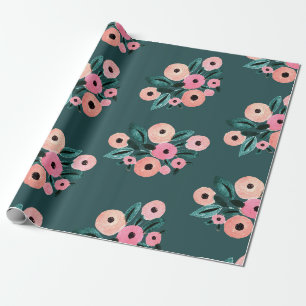 Papier Cadeau Aquarelle florale sarcelle et rose