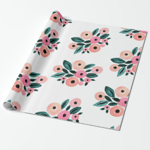 Papier Cadeau Aquarelle florale sarcelle et rose