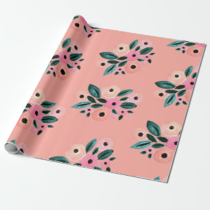Papier Cadeau Aquarelle florale sarcelle et rose