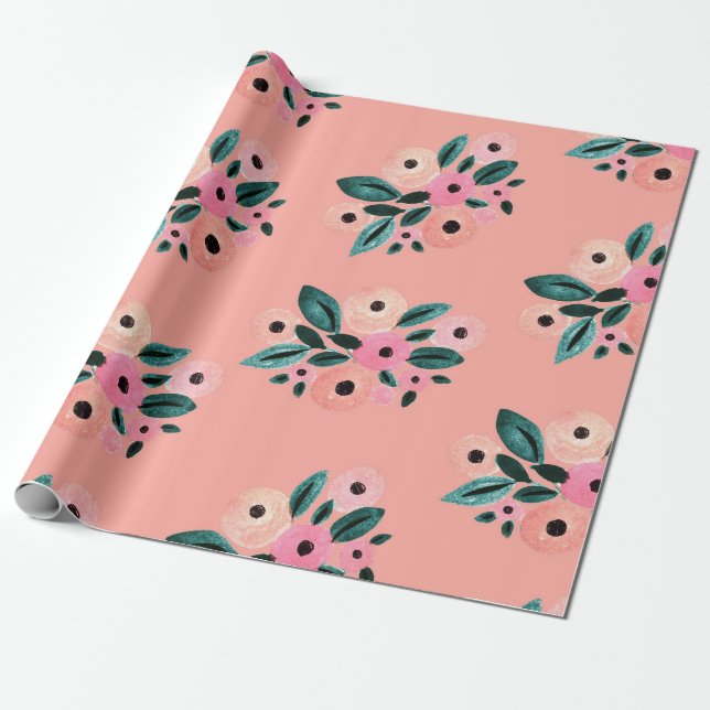Papier Cadeau Aquarelle florale sarcelle et rose (Déroulé)