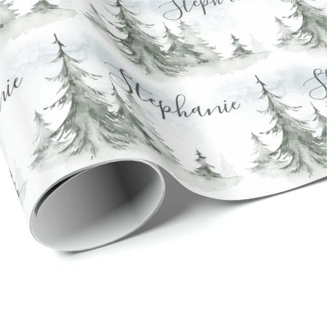 Papier Cadeau Aquarelle Forêt de sapins rustiques hiver (Coin rond)