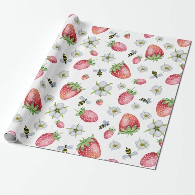 Papier Cadeau Aquarelle Fruit fraise, abeilles et fleurs (Déroulé)