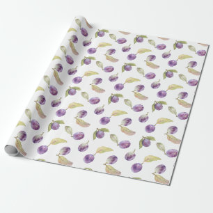 Papier Cadeau Aquarelle Fruit Prune avec Feuilles Blanches