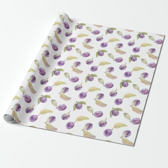 Papier Cadeau Aquarelle Fruit Prune avec Feuilles Blanches (Déroulé)