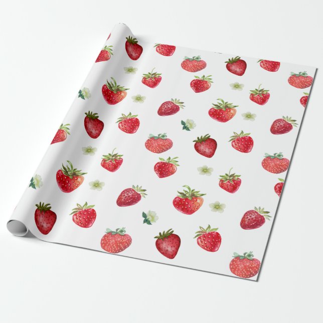 Papier Cadeau Aquarelle Fruits fraises et fleurs fraises (Déroulé)