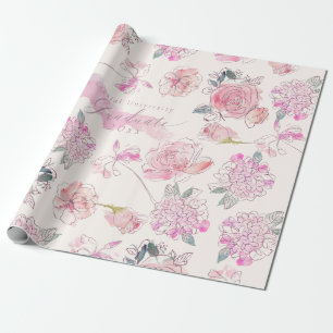 Papier Cadeau Aquarelle graduée Rose floral clair Monogramme
