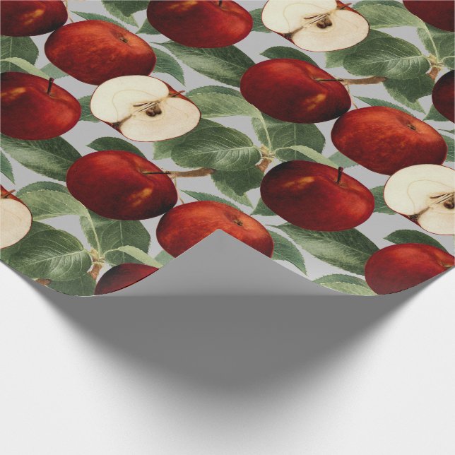 Papier Cadeau Aquarelle grise botanique de pommes rouges (Coin)