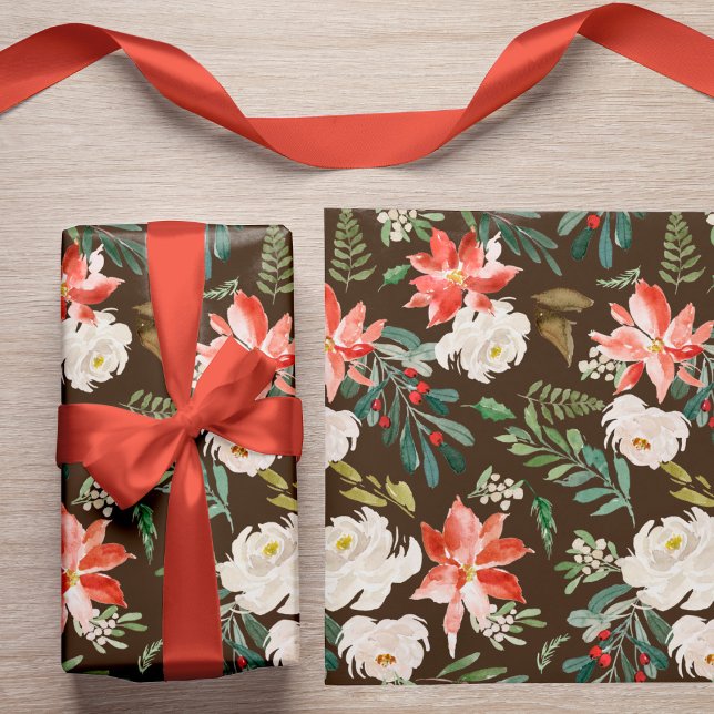 Papier Cadeau Aquarelle hiver Floral Holly Berry Motif Brown (The ribbon can be purchased separately - please see the collection)
