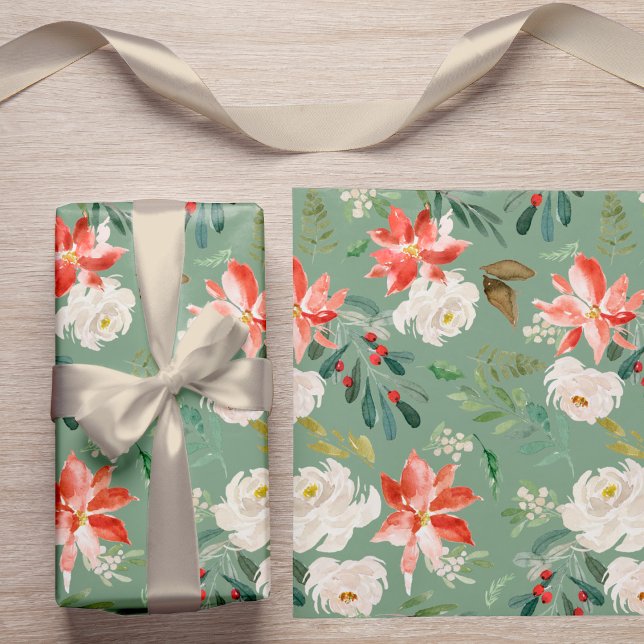 Papier Cadeau Aquarelle hiver Floral Holly Berry Motif vert (The ribbon can be purchased separately - please see the collection)