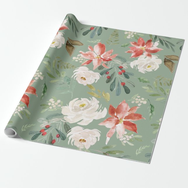 Papier Cadeau Aquarelle Hiver Floral Holly Berry Motif Vert (Déroulé)