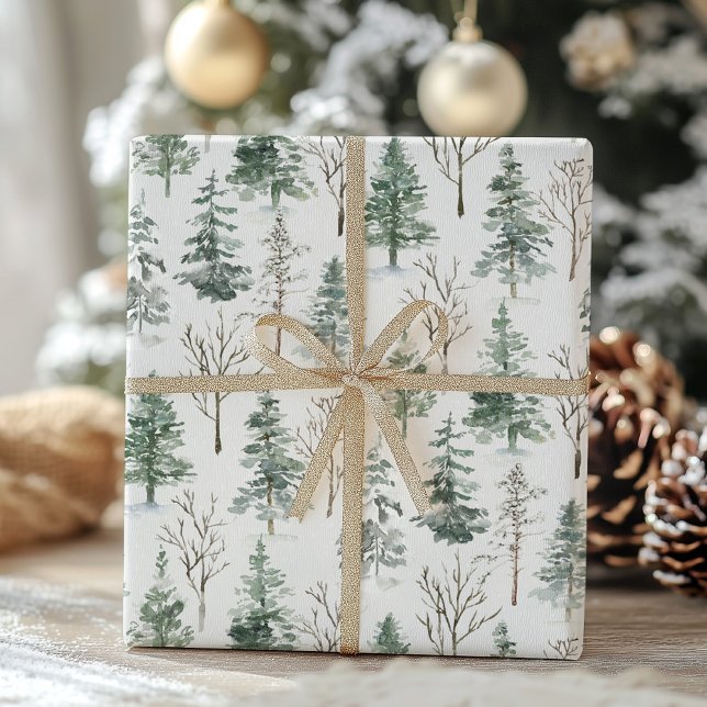 Papier Cadeau Aquarelle hiver Pins rustiques Arbres Forêt Neige (Créateur téléchargé)