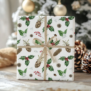 Papier Cadeau Aquarelle hiver verdure et baies Noël