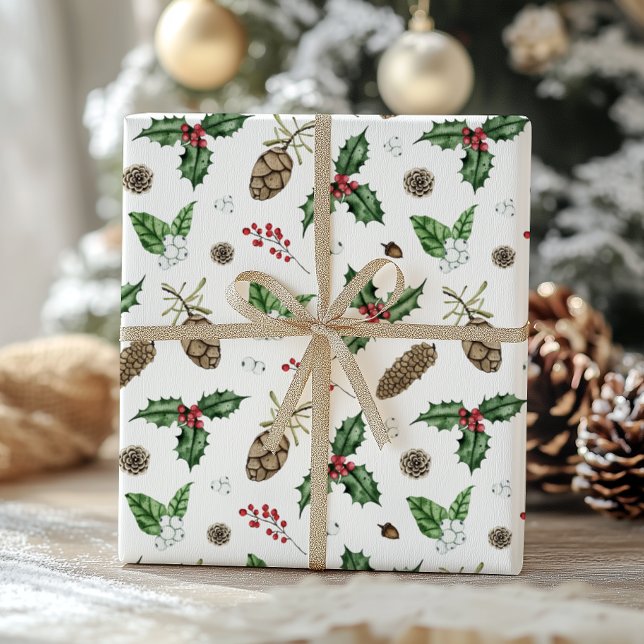 Papier Cadeau Aquarelle hiver verdure et baies Noël (Créateur téléchargé)