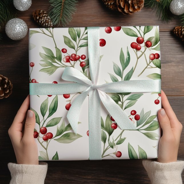 Papier Cadeau Aquarelle Holly de Noël Rouge et Vert (Créateur téléchargé)