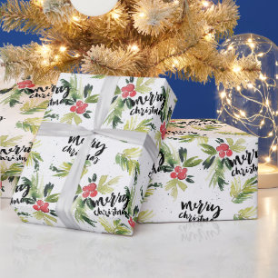 Papier Cadeau Aquarelle Holly verdure Motif Joyeux Noël