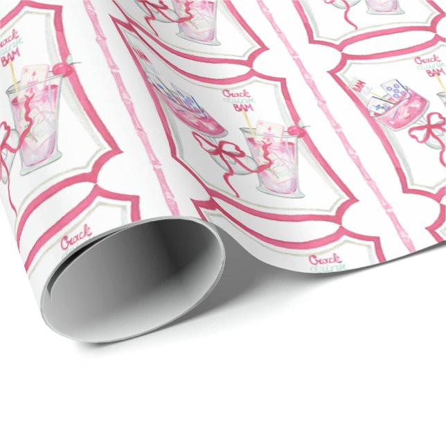 Papier Cadeau Aquarelle Hot Pink Mahjong Cocktails (Coin rond)