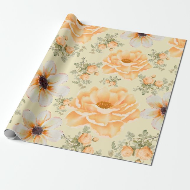 Papier Cadeau Aquarelle jaune vert Floral (Déroulé)