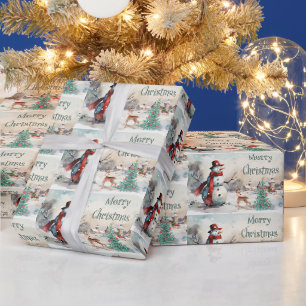 Papier Cadeau Aquarelle Joyeux Noël Bonhomme de neige