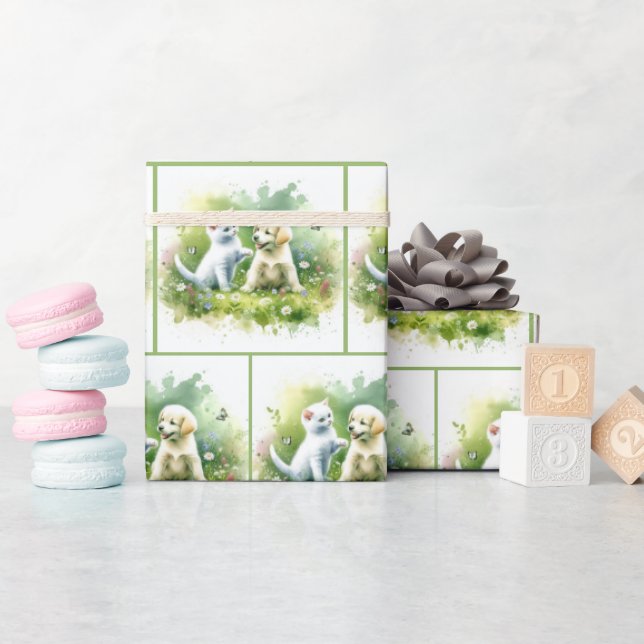 Papier Cadeau Aquarelle Kitten et Chiot (Baby Shower)