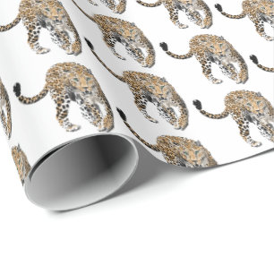 Papier Cadeau aquarelle léopard jungle chat animal peint vert