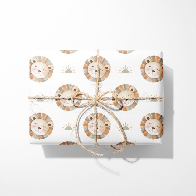 Papier Cadeau Aquarelle Lion & Soleil - Neutre - Safari Animal (Créateur téléchargé)
