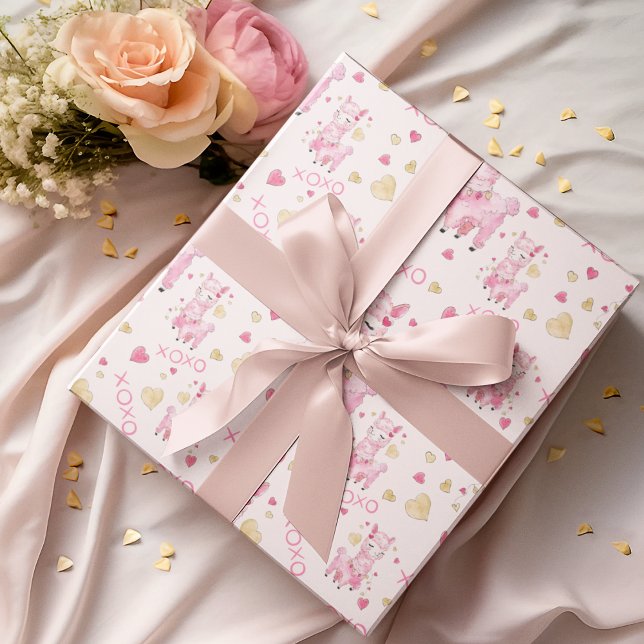 Papier Cadeau Aquarelle Llama rose XOXO (Créateur téléchargé)
