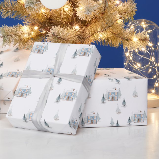 Papier Cadeau Aquarelle Maison Bleue & Arbres Neiges Noël (Vacances)