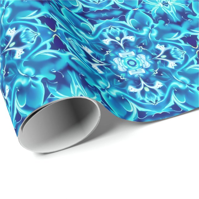 Papier Cadeau Aquarelle Mandala Flower dans les tons bleu Indigo (Coin rond)