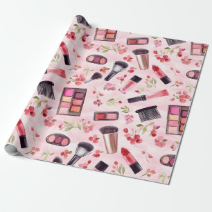 Papier Cadeau Aquarelle maquillage beauté Motif avec fleurs rose