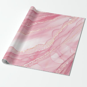 Papier Cadeau Aquarelle Marbre Rose avec Paillettes d'Or