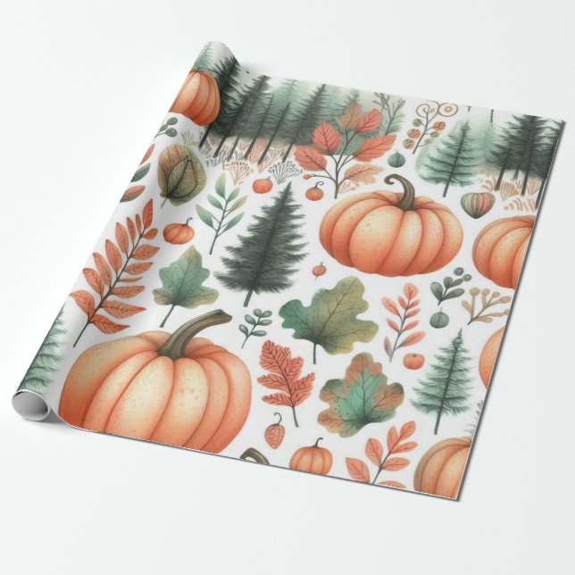 Papier Cadeau Aquarelle mignonne citrouille automne et automne T (Déroulé)
