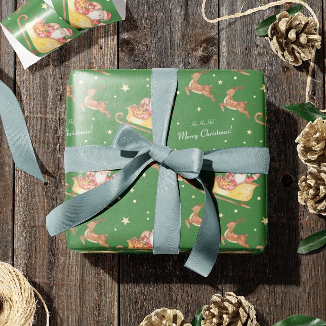 Papier Cadeau Aquarelle mignonne Noël vert du Père Noël (Créateur téléchargé)