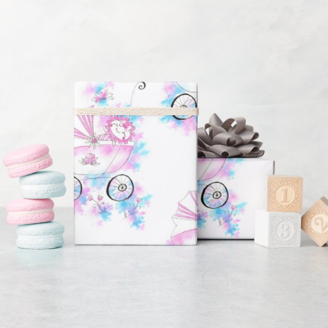 Papier Cadeau Aquarelle mignonne Rose Aqua Mauve Bébé dans Pram (Baby Shower)