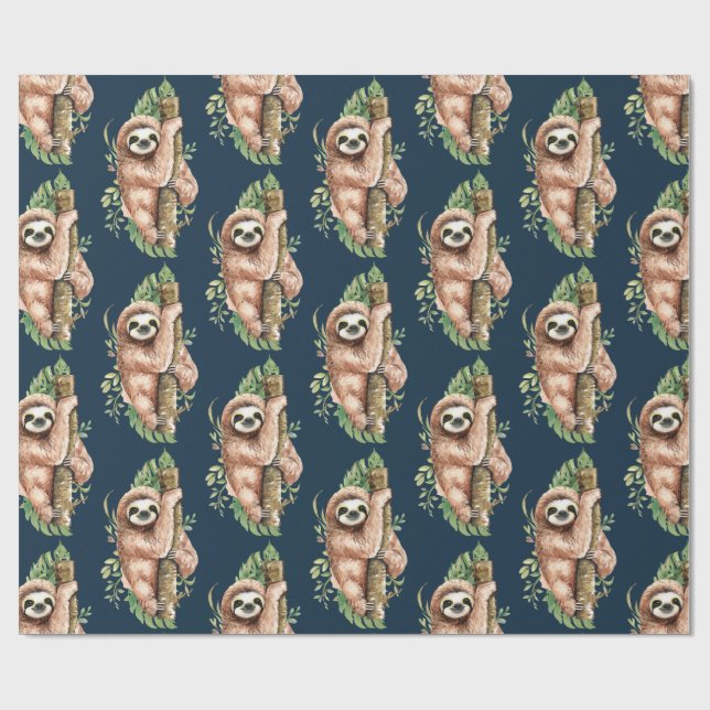 Papier Cadeau Aquarelle mignonne Sloth & Feuilles tropicaux (Plat)