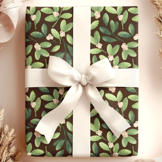 Papier Cadeau Aquarelle Mistletoe Élégante Brown vacances floral (Créateur téléchargé)