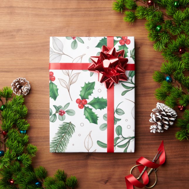 Papier Cadeau Aquarelle Mistletoe et branche de pin (Cadeau de vacances)
