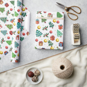 Papier Cadeau Aquarelle moderne Cadeaux de Noël Arbre vert