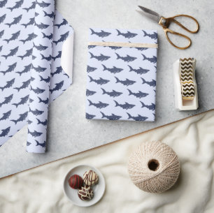 Papier Cadeau Aquarelle moderne pour bébé requin Bleu Anniversai