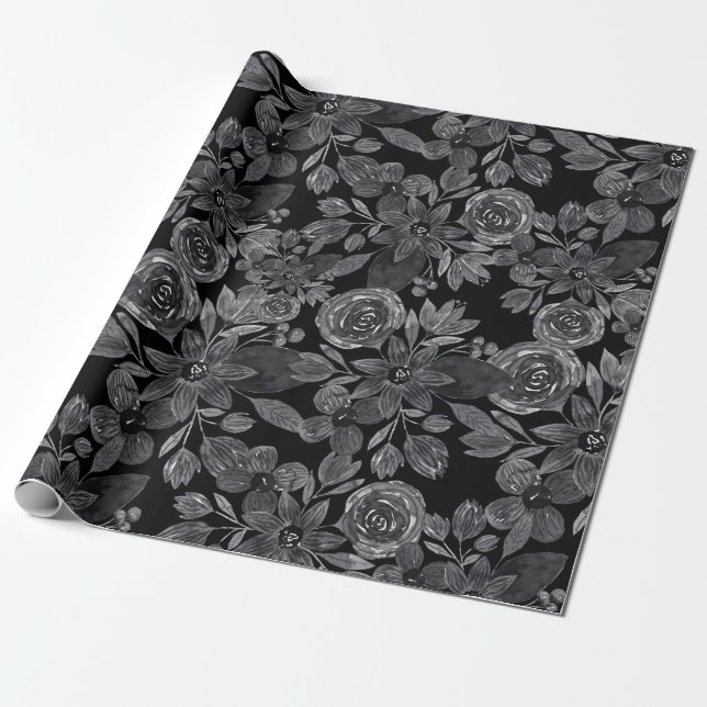 Papier Cadeau Aquarelle monochrome gris noir Feuilles floraux (Déroulé)