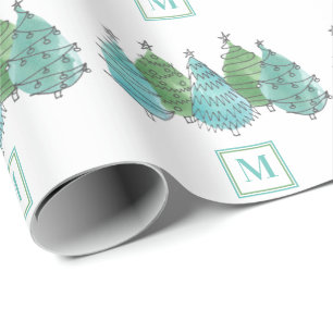Papier Cadeau Aquarelle Monogramme Arbres de Noël verts