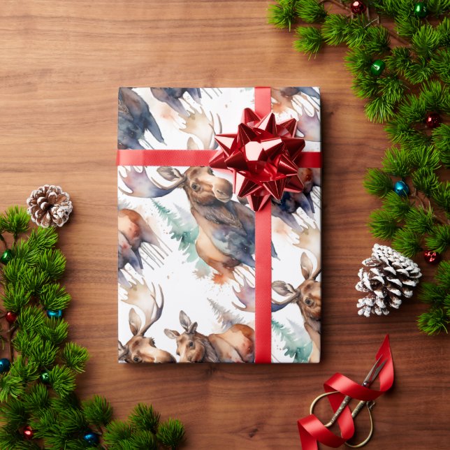 Papier Cadeau Aquarelle Moose Hiver Animal Faune Nature Art (Cadeau de vacances)