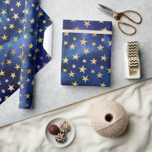 Papier Cadeau Aquarelle Motif bleu avec étoiles or