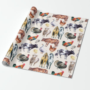 Papier Cadeau Aquarelle motif des animaux de ferme