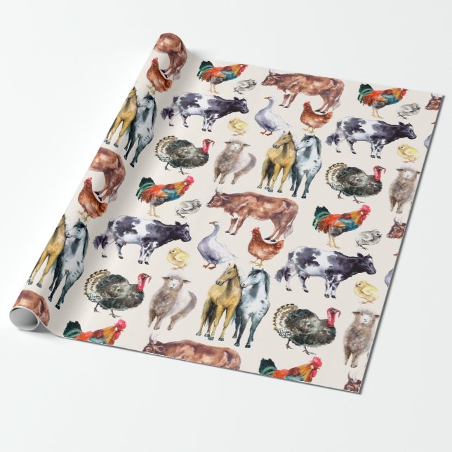 Papier Cadeau Aquarelle motif des animaux de ferme (Déroulé)