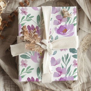 Papier Cadeau aquarelle motif floral rose et pourpre