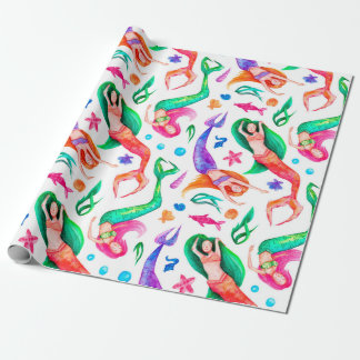 Papier Cadeau Aquarelle motif sans soudure avec sirènes, coquill