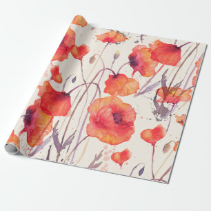 Papier Cadeau Aquarelle motif transparent avec des pavots rouges