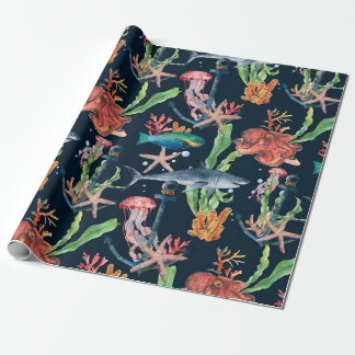 Papier Cadeau Aquarelle motif transparent avec requin et laminai