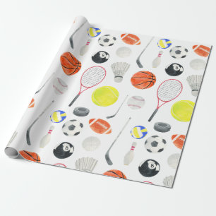 Papier Cadeau Aquarelle Multi Sport Motif Balls Raquettes Golf