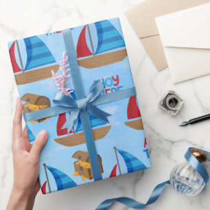 Papier Cadeau Aquarelle nautique bateau trésor de pirate bleu